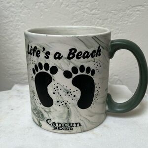 Life’s a Beach Cancun Mexico Coffee Mug Cup Cream Green Marbled 12 Oz